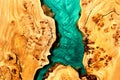 Turquoise epoxy resin panel with walnut, victor for design Royalty Free Stock Photo