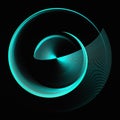 The turquoise fan blade is bent at the center and rotates in a spiral. Graphic design element over black background.