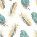 Turquoise feathers of a Guinea Fowl and semi-plume feathers of the Yellow Pine Grosbeak. Seamless pattern. Watercolor illustration Royalty Free Stock Photo