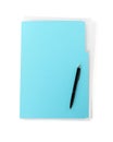 Turquoise file with documents and black pen isolated on white, top view Royalty Free Stock Photo