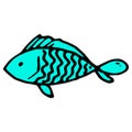 turquoise fish icon. cartoon blue fish, drawn in the style of doodles, bright blue with a black outline, with a wavy