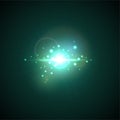 Turquoise Flash with rays and spotlight. Realistic light glare, high loth, star glow. Lens flare effect on black background. Royalty Free Stock Photo