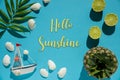 Turquoise Flat Lay, Boat, Shells, Pineapple, Text Hello Sunshine