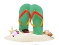 Turquoise flip flops in sand, sea shell, starfish and sunglasses on white background Royalty Free Stock Photo