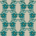 Turquoise floral vector seamless repeat pattern with heavy outlines and earth tone background