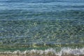 Turquoise foamy wave on a golden sandy shore. The calm surface of the sea. Relax and tranquility. Background. Space for text