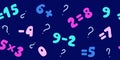 Turquoise and fuchsia numbers with arithmetic symbols on a dark blue background Royalty Free Stock Photo