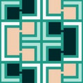 Turquoise geometric pattern with a cross center and asymmetric blue and pink motifs