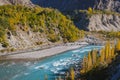 Ghizer river flowing through forest in Gahkuch, Gilgit Baltistan, Pakistan.