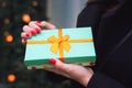 Turquoise gift box in the hands of a girl. Royalty Free Stock Photo