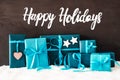 Turquoise Gifts, Calligraphy Happy Holidays, Snow, Cement Background