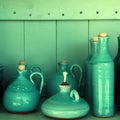 Turquoise glazed ceramic pitchers, Crete , Greece Royalty Free Stock Photo