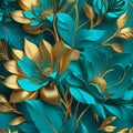 Turquoise and golden abstract flower Illustration for prints, wall art, cover and invitation