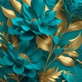 Turquoise and golden abstract flower Illustration for prints, wall art, cover and invitation