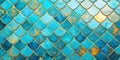 Turquoise and golden fish scale mosaic pattern tile wall background Royalty Free Stock Photo