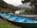 Turquoise and Gray Rowboats Docked in a Pond