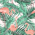 Turquoise green tropical leaves flamingo pattern