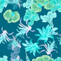 Turquoise Hibiscus Decor. Mint Color Flower Design. Green Watercolor Foliage. Floral Background. Seamless Leaf. Pattern Set. Tropi Royalty Free Stock Photo