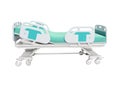 Turquoise hospital bed with lifting mechanism on an autonomous control panel right side view 3D render on white background no Royalty Free Stock Photo