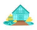 Turquoise house with balcony and bushes, front yard with fence and pathway, cartoon suburban home