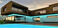Turquoise illumination of the elite cottage facade at night. Amazing pool under the starry sky. 3d rendering Royalty Free Stock Photo