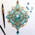 Intricate Blue Pendant Illustration With Realistic Watercolor Painting