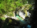 Turquoise Kamniska Bistrica river flowing out of Predaselj gorge in Slovenia Royalty Free Stock Photo