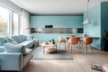 Turquoise kitchen in studio apartment. Interior design of modern living room. Created with generative AI Royalty Free Stock Photo