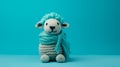 Turquoise Knitted Lion Toy With Scarf On Blue Background