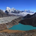 Turquoise Lake Gokyo, Ngozumpa Glacier and Mount Cholatse.