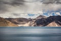 Turquoise lake in the Himalayas tibet mountains with clouds and blue sky Royalty Free Stock Photo