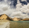 Turquoise lake in the Himalayas tibet mountains with clouds and blue sky Royalty Free Stock Photo