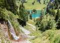 The turquoise Lake Hinterstocken with a small waterfall at the foot of Stockhorn