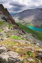 Turquoise lake and mountains.