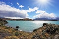 The turquoise lake Pehoe in park Torres del Paine, Chile Royalty Free Stock Photo