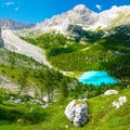 Turquoise lake Sorapis with wonderful scenery from above, Dolomites mountains, Italian Alps, Cortina d`Ampezzo Royalty Free Stock Photo