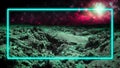 Turquoise laser neon light frame over outer space background with galaxies and stars. Extraterrestrial alien planet. Copy space Royalty Free Stock Photo