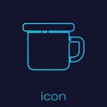 Turquoise line Camping metal mug icon isolated on blue background. Vector Illustration