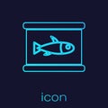 Turquoise line Canned fish icon isolated on blue background. Vector.