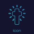 Turquoise line Christian cross icon isolated on blue background. Church cross. Vector