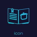 Turquoise line Cookbook icon isolated on blue background. Cooking book icon. Recipe book. Fork and knife icons. Cutlery