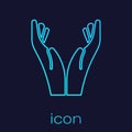 Turquoise line Hands in praying position icon isolated on blue background. Prayer to god with faith and hope. Vector Royalty Free Stock Photo