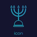 Turquoise line Hanukkah menorah icon isolated on blue background. Hanukkah traditional symbol. Holiday religion, jewish Royalty Free Stock Photo