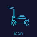 Turquoise line Lawn mower icon isolated on blue background. Lawn mower cutting grass. Vector