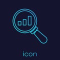 Turquoise line Magnifying glass and data analysis icon isolated on blue background. Vector Royalty Free Stock Photo