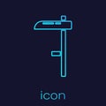 Turquoise line Scythe icon isolated on blue background. Vector