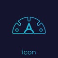 Turquoise line Speedometer icon isolated on blue background. Vector