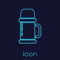 Turquoise line Thermos container icon isolated on blue background. Thermo flask icon. Camping and hiking equipment Royalty Free Stock Photo