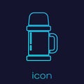 Turquoise line Thermos container icon isolated on blue background. Thermo flask icon. Camping and hiking equipment