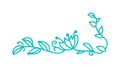 Turquoise monoline scandinavian folk flourish vector with leaves and flowers. Corners and dividers for Valentines Day